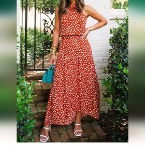 Women’s Casual Halter Neck Sleeveless Floral Long Maxi Dress Backless Loose Ruff